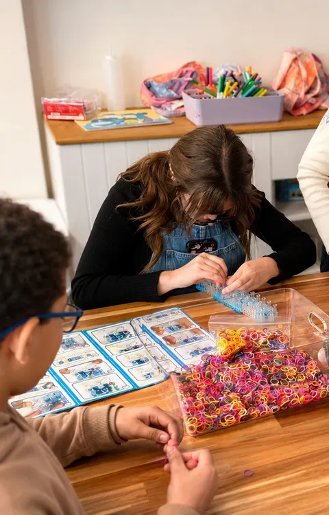 Children and a staff member making loom-band bracelets together at a Youth Connect program