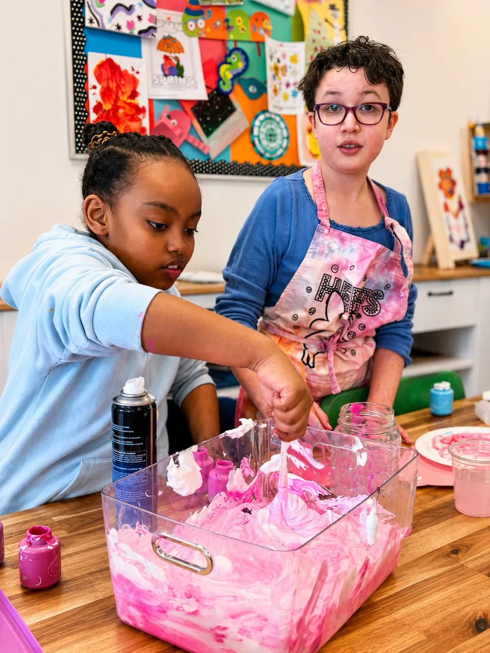 A child and a staff member doing a hands-on sensory craft activity together