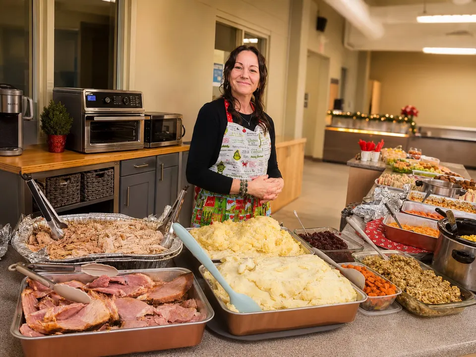 A staff member standing beside a long table laid out with a full holiday meal
