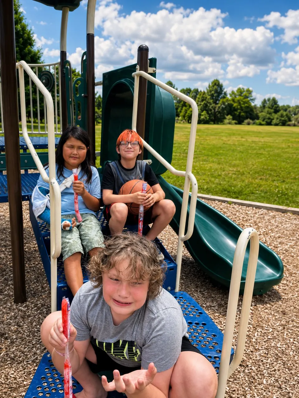Three children sitting together at the bottom of a playground slide